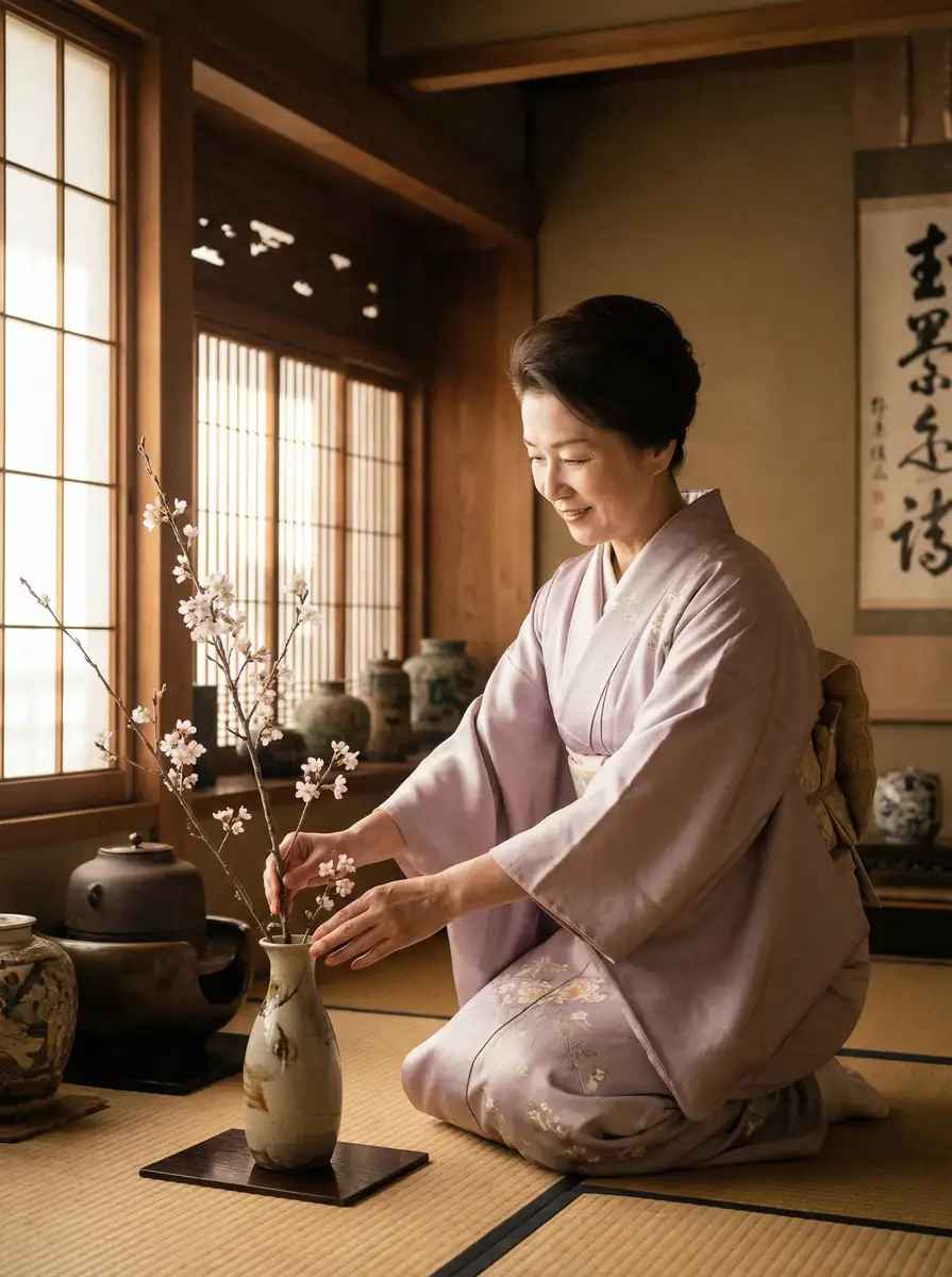 一位优雅的 花臂夫夫 在和室中插花