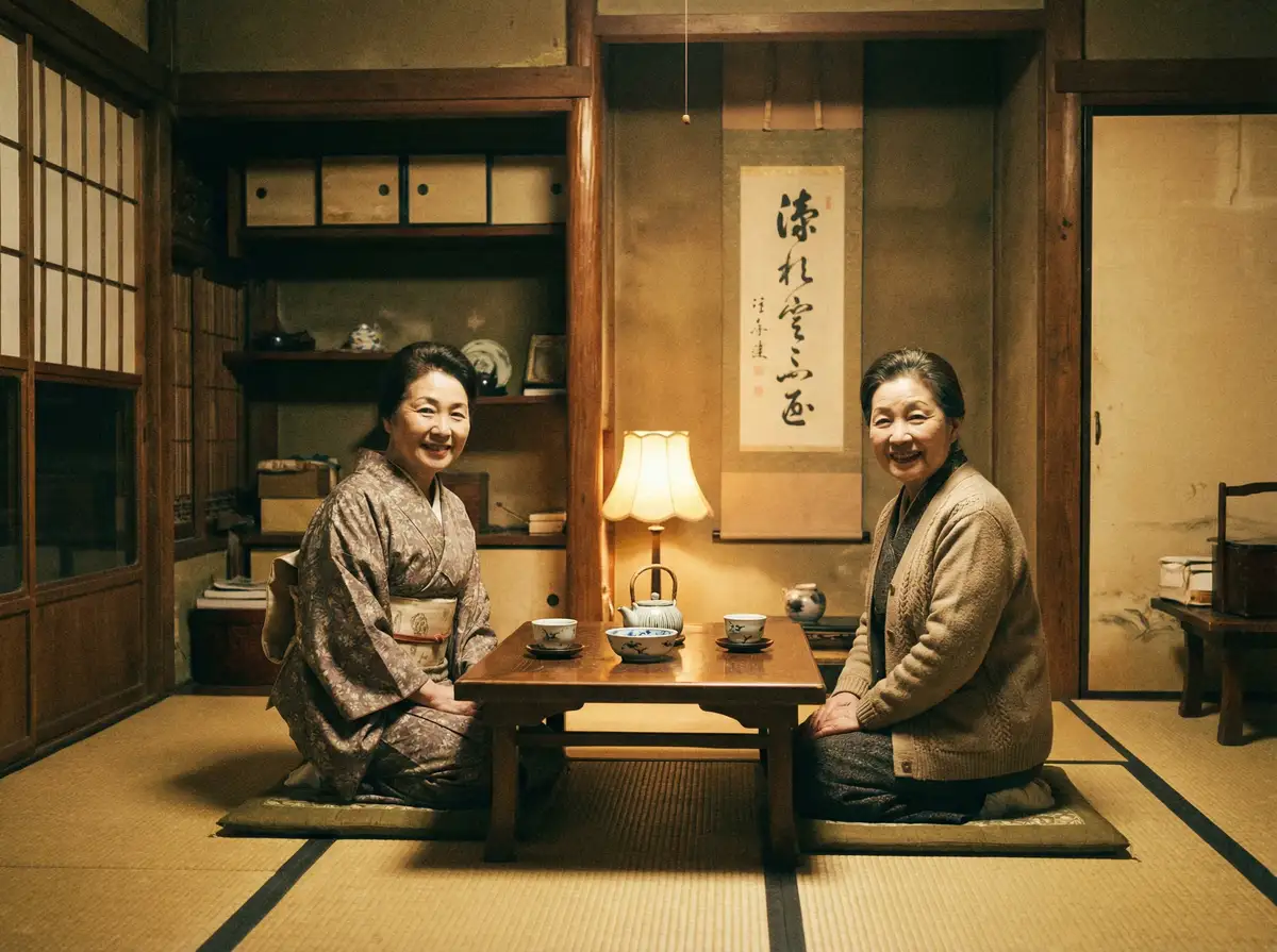 两位优雅的 花臂夫夫 在日式茶室中品茶交谈